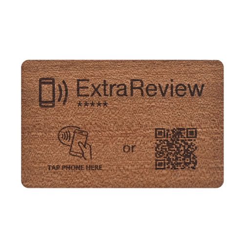 Wooden NTAG NFC card with tap prompt and QR code