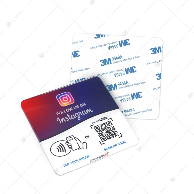 Clear acrylic NFC plate with 3M adhesive backing and a custom tap-to-review print