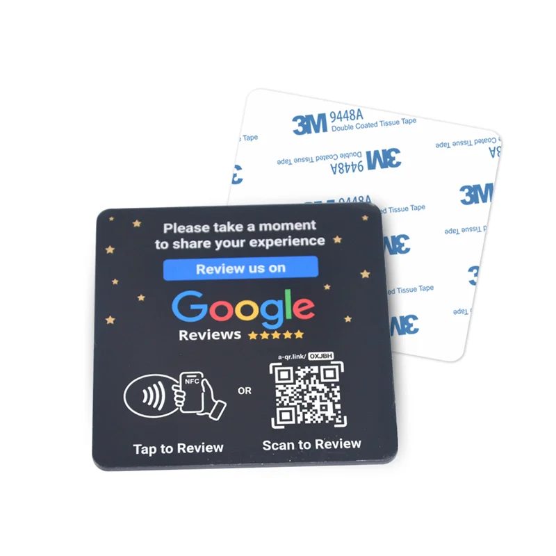 Acrylic NFC plate 100x100x3 mm with adhesive sticker back and printed review sign