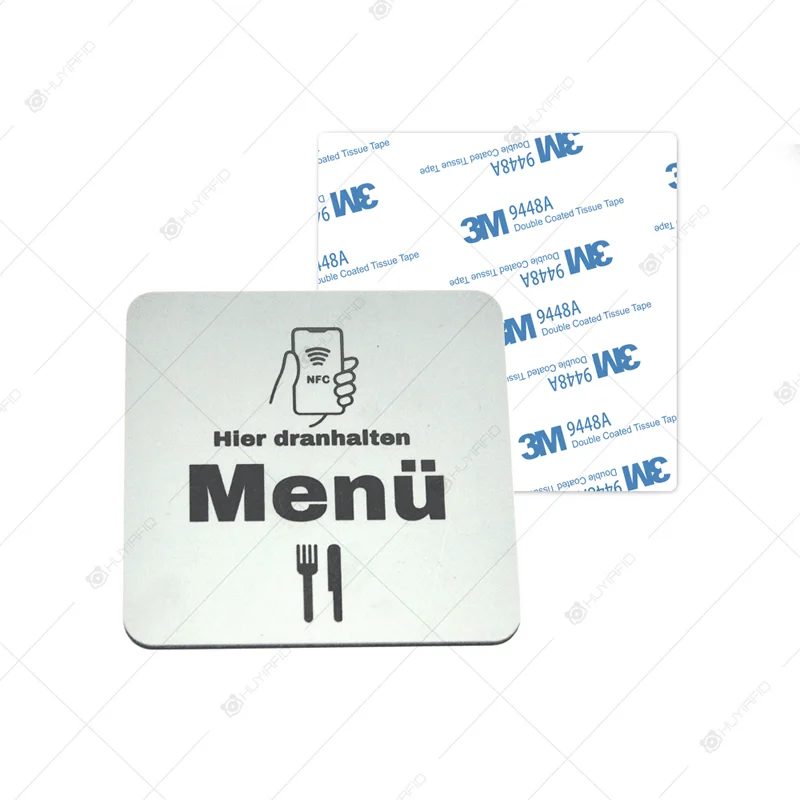 White PVC adhesive NFC plate with a printed tap-to-review design and 3M backing