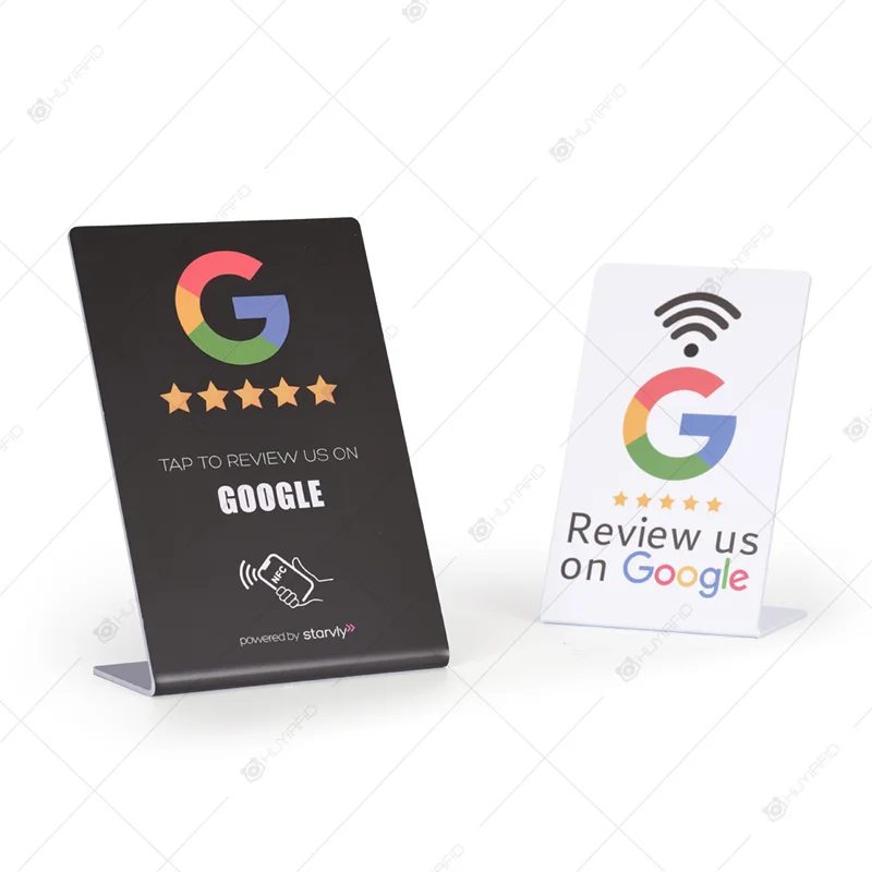 Black NFC L-shape stand with a tap-to-review message and NFC tap icon