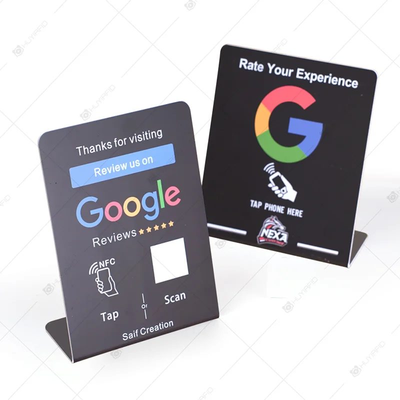 NFC L-shape stand printed with a Google review call to action