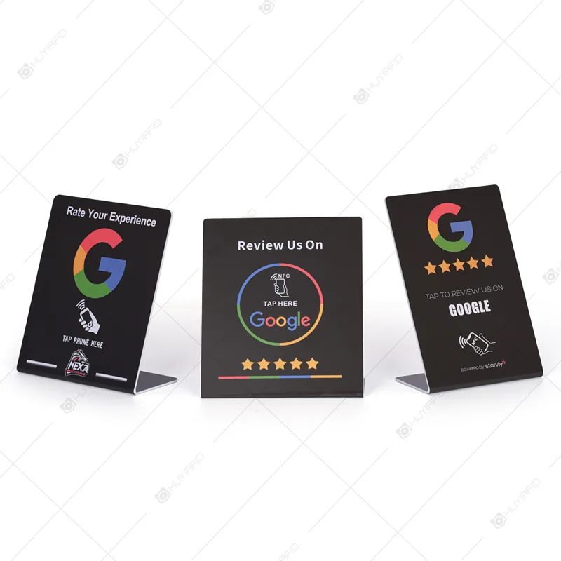 NFC display stand with a large review sign and QR code