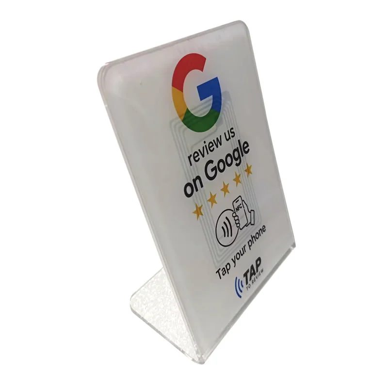 Acrylic NFC stand with a tap-to-review sign and QR code