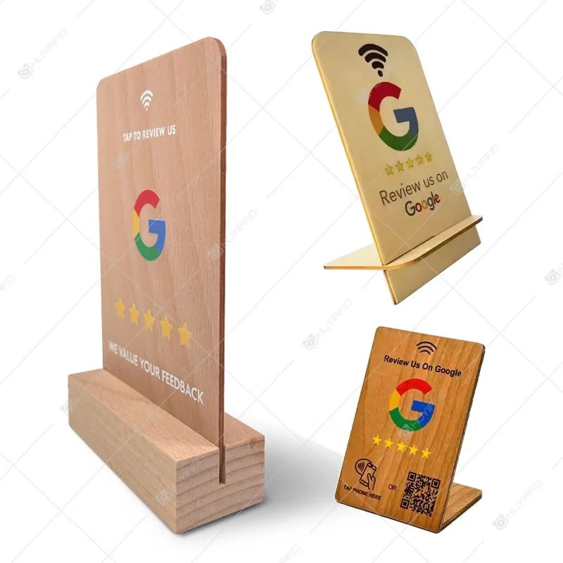 Wooden NFC stand with a Google review sign and QR code on a wooden base