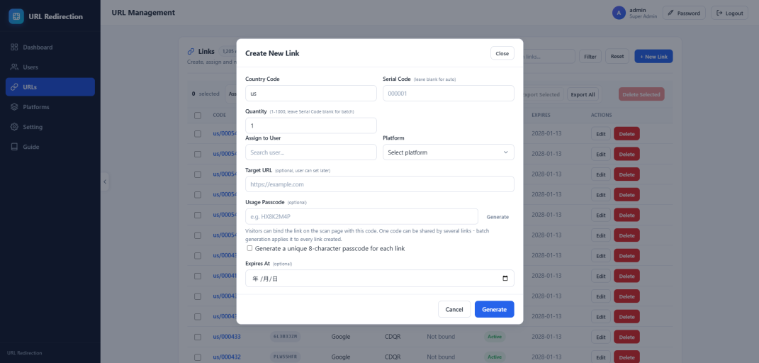 Generate a single link or a batch in one step.
