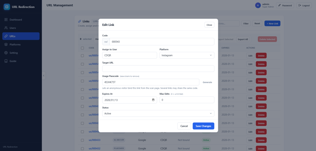 Change target, passcode and expiry from the dashboard.